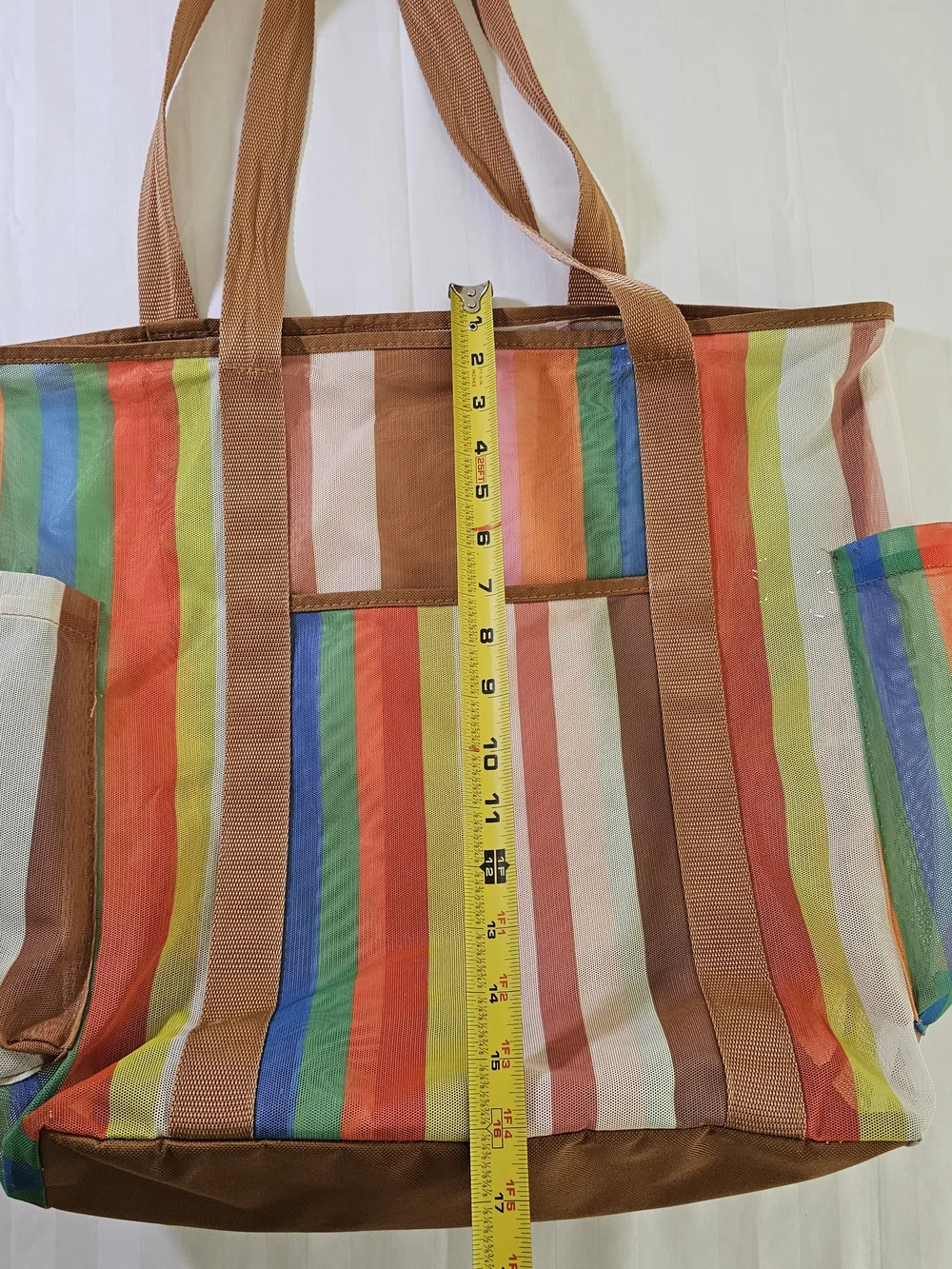 Striped Multicolor Beach Tote Bag with Brown Straps